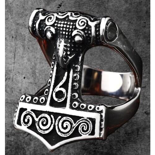 Stainless Steel Nose Viking-Runic Amulet Rings Men Scandinavian Odin Thors-Hammer Mjolnir Ring Fashion Jewelry