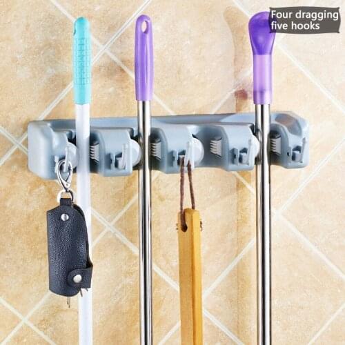 3/4/5 Holes Mop Organizer Holder Wall Mounted Brush Broom Hanger Storage Rack with hooks Home Kitchen Tool Accessories