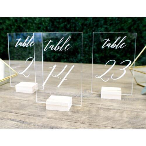 Personalized Acrylic Wedding Table Numbers with Holders Calligraphy Table Number Wedding Signage Clear Wood Table Number Stand