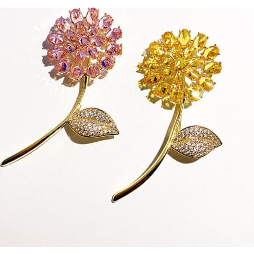 Luxury Pink Yellow Crystal Cubic Zirconia Dandelion Women Brooch Sunflower Pin Badge Jewelry Brooches Pins Female Gift Corsage