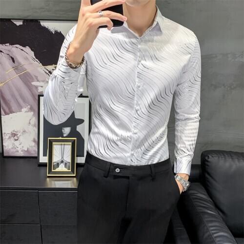 High Quality Zebra Striped Shirts for Men Clothing 2020 All Match Long Sleeve Formal Wear Gentlemen Tuxedo Dress Slim Fit Blouse
