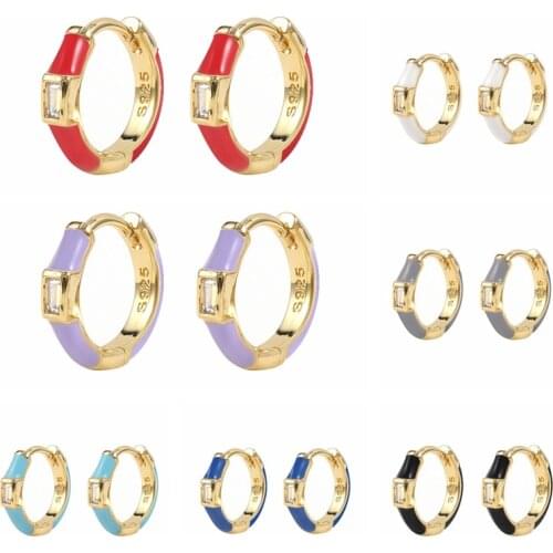 MA 925 Sterling Silver Enamel Diamond Hoop Earrings Women Charming Gold Earrings CZ huggie Zircons Earrings Jewelry purple/pink