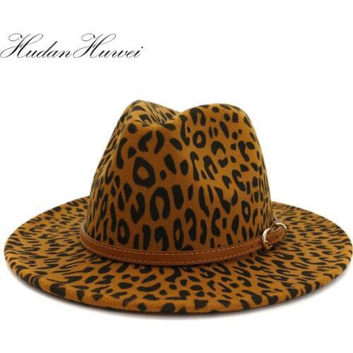 Artificial Wool Felt Fedora Hats with Brown Leather Band Leopord Printting Vintage Fashion Women Men Jazz Cap Panama Hat 60 CM