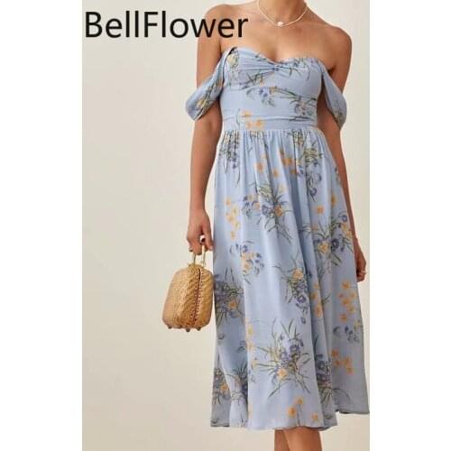 Blue Floral Print Midi Dress French Vintage Chiffon Draped Spaghetti Strap Square Collar Sexy Off Shoulder Vestidos Summer Women