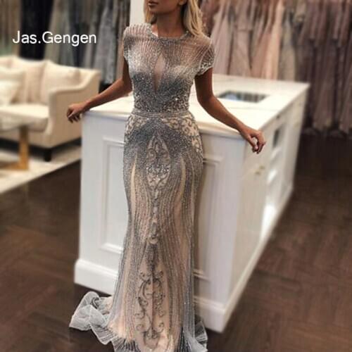 Dubai Beaded Evening Dresses 2020 Sexy Luxury Diamond Sleeveless Nude Mermaid Long Formal Gown Robe De Soiree Prom New