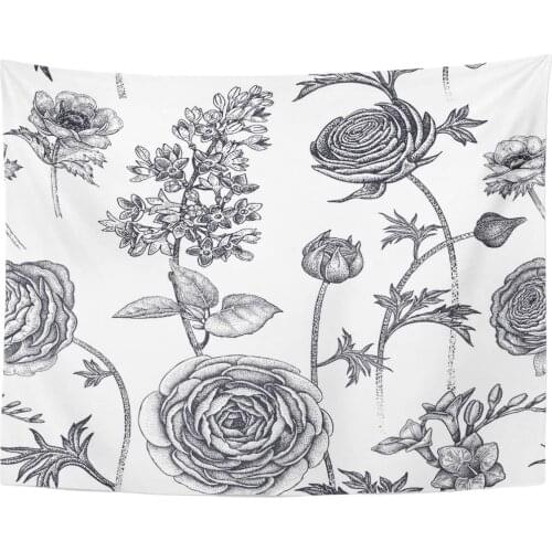 Spring Flowers Floral Pattern Garden Plants Buttercup Lilac Freesia Anemone Black and White Vintage Tapestry Home Decor