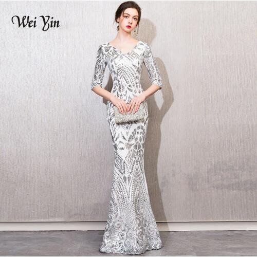 Weiyin Grey V-neck Floor Length Back Sequins Party Formal Dress Half Sleeve Sexy Mermaid Long Evening Dresses WY791