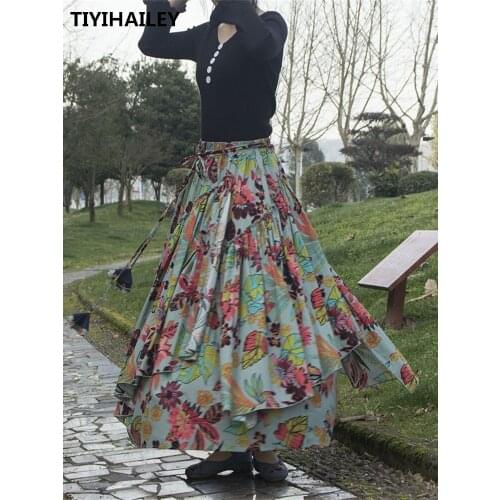TIYIHAILEY Free Shipping 2021 Long Maxi A-line Elastic Waist Women Cotton Linen Print Flower S-2XL High Quality Big Hem Skirt