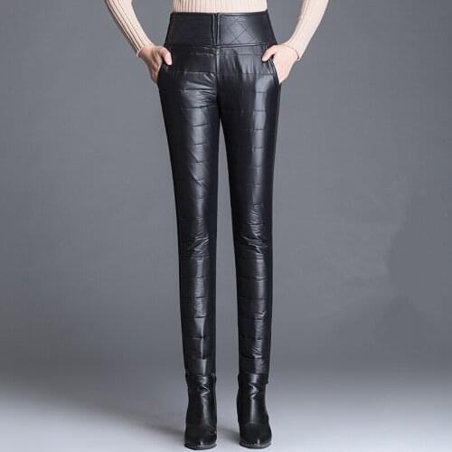2021 New Autumn Winter Women Pants Duck Down Velvet High Waist Solid Skinny Formal Pants Female Elastic Waist Work Trousers