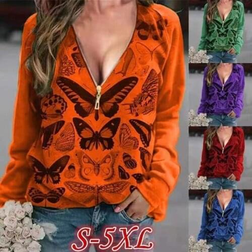 2021 FALL/WINTER Euro-american Cross-border Womens v-neck butterfly print zip-up long-sleeved t-shirt top