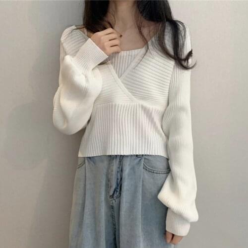 Womens Knitted Pullover Square Collar Long Sleeves Loose Fake Two-piece Sweater Wholesale 2021 New Fashion Female Clothing