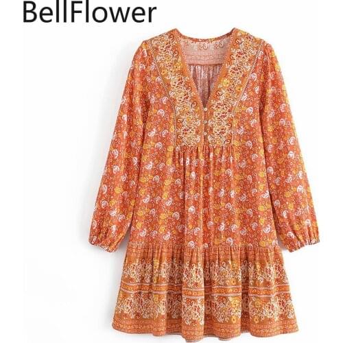 Boho Orange Short Dress For Women Loose 2021 New Lantern Long Sleeve V-Neck Draped Bohemian Women Clothing Mommy And Me Dress