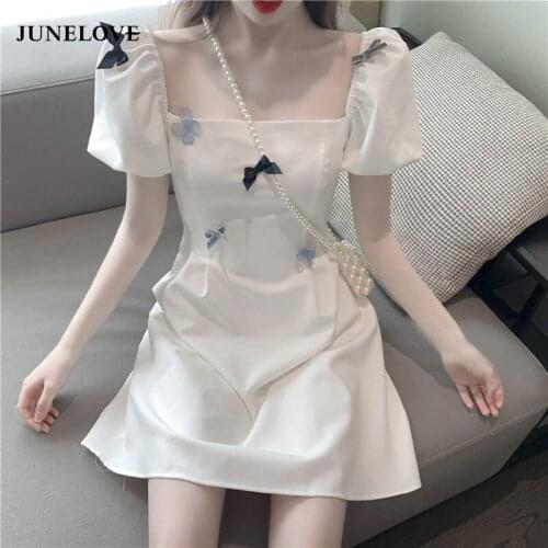 JuneLove Korean Summer Temperament Dress Vintage Square Collar Short Sleeve Dress Sweety Stereoscopic Butterfly Bow Loose Dress