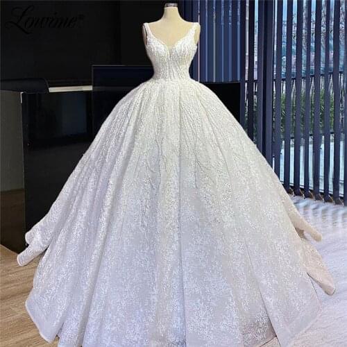 V Neck Wedding Dresses Princess Beading Pearls Bridal Wedding Gown 2021 Long Muslim Brides Dresses Custom Made Vestidos De Novia