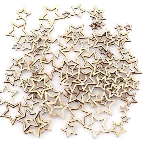 100Pcs/bag DIY 3 Size Mixing Hollow Pentagram Wooden Chips Decorative Embellishments Crafts Scrapbooking Supplies Hand-made Wood