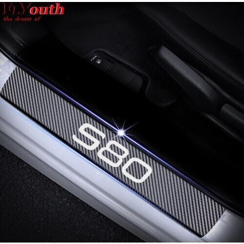 Carbon Fiber Vinyl Sticker For VOLVO S80 Car Door Sill Protectors Door Step Protector Scuff Plate Stickers Car Accessories 4Pcs