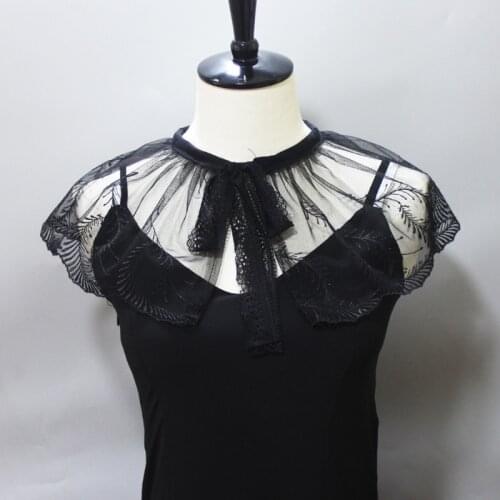 40GC Feather Embroidery Fake Collar Shawl Pleated Sheer Mesh Necklace Half Shirt Cape