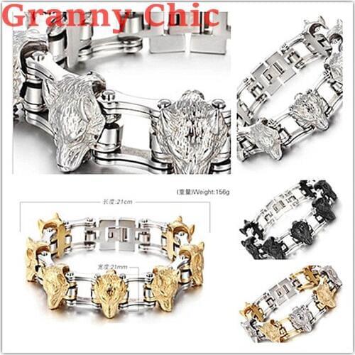 Granny Chic 8.26" 21mm Large 316L Stainless Steel Lion Head Biker Gothic Motorcycle Link Chain Bracelet Mens Best Gifts Jewelry