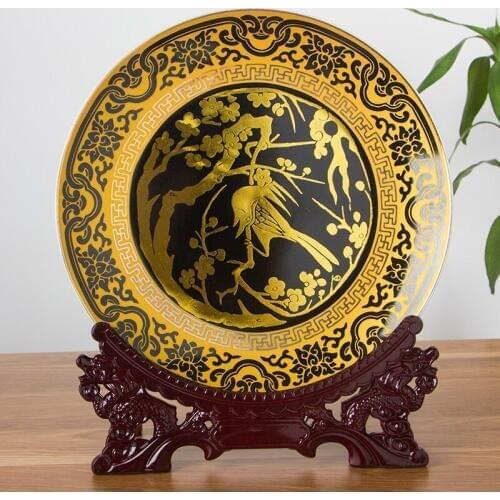 Black Golden Bird Ceramic Ornamental Plate Decoration Plate Wood Base Porcelain Plate Set Wedding Gift