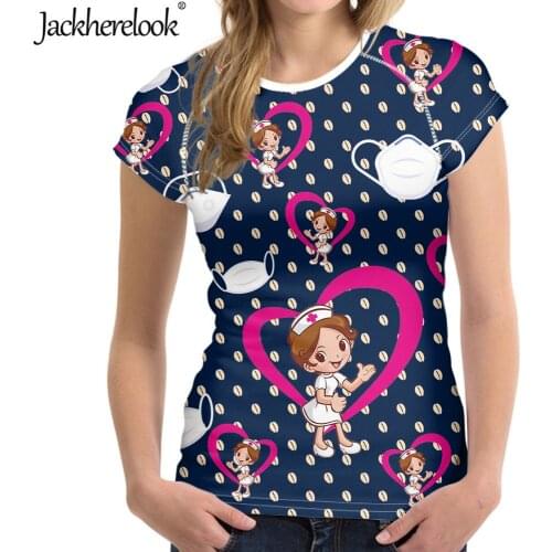 Jackherelook Women Short Sleeve Slim Tops Cute White Dress Cute Cartoon Nurse Print Summer Tshirts Harakuju Female T-Shirts Tee