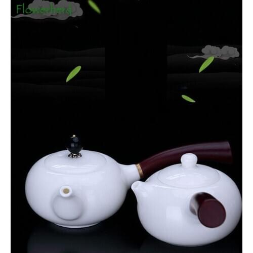 Ceramic Porcelain Teapot Teaware Tea Infuser Pot Tea Kettle Pure White Mutton Fat Jade Side Handle Teapot with Ebony Wood Handle