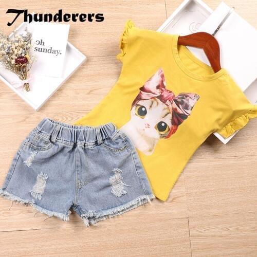 Thunderers Summer Kids Clothes Set For Girl Cartoon Cat Shirt With Ripped Hole Jeans Children 2pcs Outfits Toddler Baby Clothes