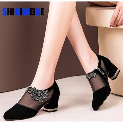 Summer Women High Heel Shoes Mesh Breathable Pumps Zip Pointed Toe Thick Heels Fashion Female Dress Shoes Elegant Footwear AB650