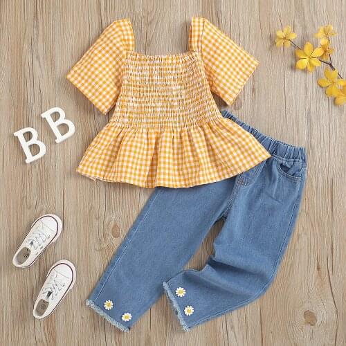 2021 Hot Selling New Girls Plaid Square Neck Short-Sleeved Pullover Small Wrinkle Chrysanthemum Denim Trousers Two-Piece Suit