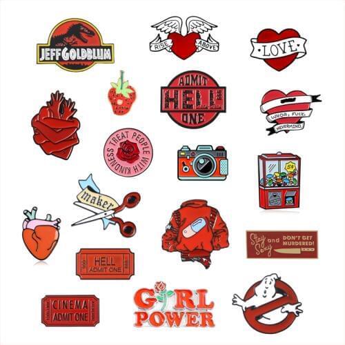 Cartoon Red Enamel Brooch rose Flower Animal heart Button Badge Game Machine Movie Ticket Camera label pins clothes Jewelry