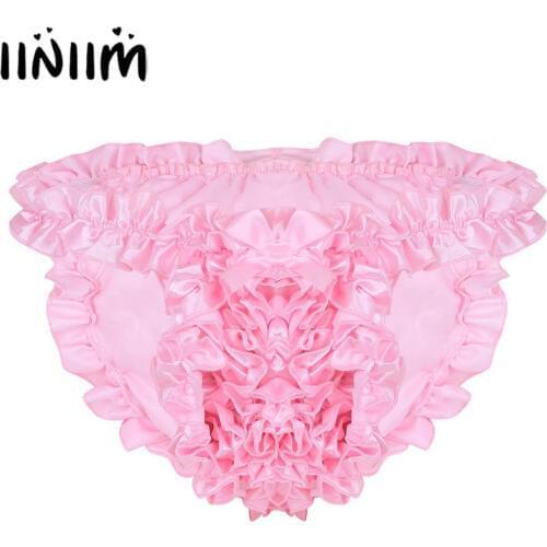 Mens Lingerie Super Frilly Satin Ruffled Lined High Cut Sissy High Cut Underwear Knickers Bloomers Briefs Gay Sexy Panties
