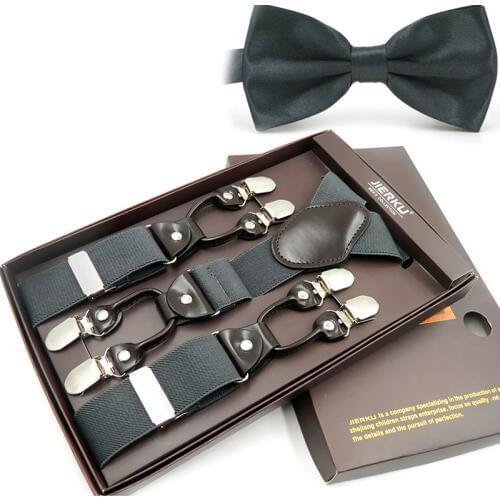 JIERKU Suspenders tie Set Mans Braces with Bow Tie 6 Clips Suspensorio Fashion Trousers Strap Father/Husbands Gift TZBD1027