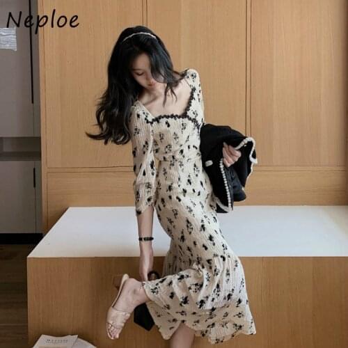 Neploe Square Collar Clavicle Exposed Sexy Dress Women High Waist Hip Mermaid Slim Vestidos Spring 2021 Sexy Print Robe