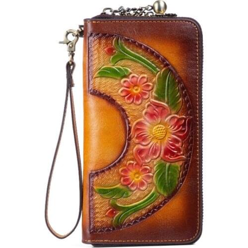 New Retro Handmade Embossing Genuine Leather Luxury Hand Wallet Retro Handbag Multifunctional Womens Long Wallet