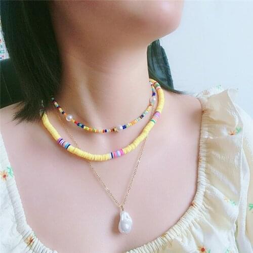 New Bohemia Women Handmade Polymer Clay Fashion Sweet Color Strand Beads Necklace Femme Multi-layer Imitation Pearls Collar