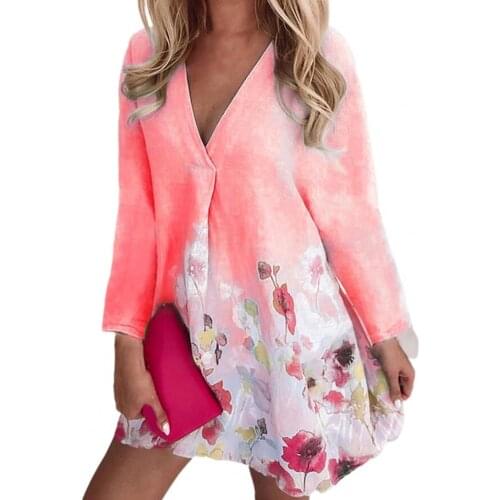 Oversize Women Autumn Dress Long Sleeve Vintage Print V Neck Loose Waist Elegant Large Hem Dresses Party