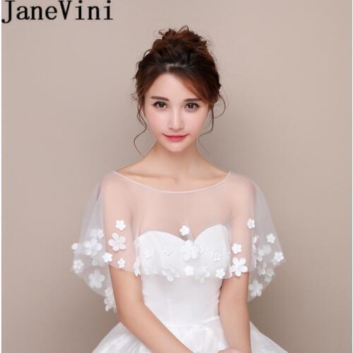 JaneVini 2019 Simple Wedding Cape With Flowers Bridal Tulle Boleros Stoles White Jacket Wedding Dress Wrap Bride Accessories