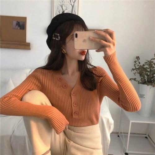Korean Style Button V-neck Simple Knitted Sweater Women Loose Slim Long Sleeved Pullover Bottoming Shirt Top