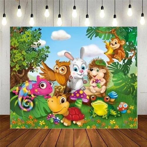 Photo Studio Props Vinyl Photography Backdrop Various Animals Gather In The Forest Kids Birthday Decoration Customizable Text