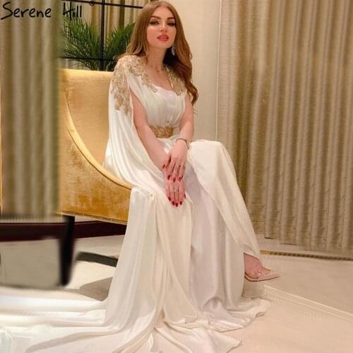 Serene Hill White Satin Mermaid Elegant Evening Dresses Gowns 2021 Beaded Sexy For Women Party LA70713
