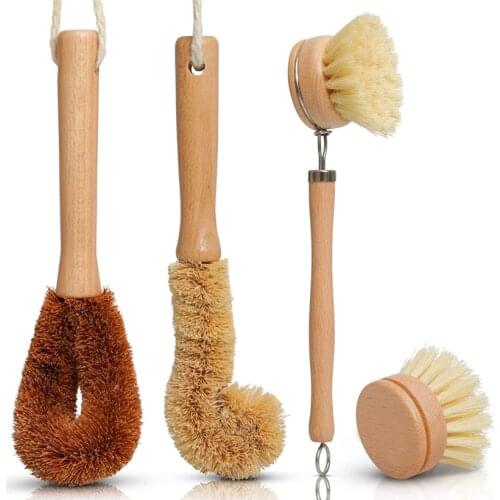 Kitchen Cleaning Brush Natural Fiber Cleaning Brush Set Pot Dish Scrub Brush with Handle and Flannel Bag Kitchen Brushes