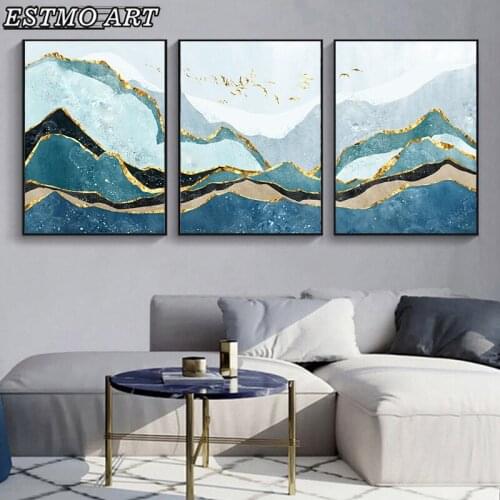 Blue and Gold Abstract Line Drawing Custom Print Cotton Canvas Unframed Living Room Wall Home Decor Painting Luxury Posters