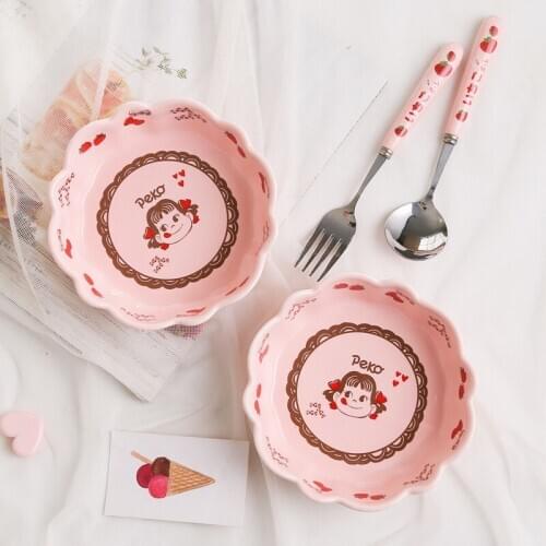 Lovely pink Japanese milk bowl girl heart fruit salad plate oatmeal breakfast bowl lace snack dish vegetable pot HP91902 l