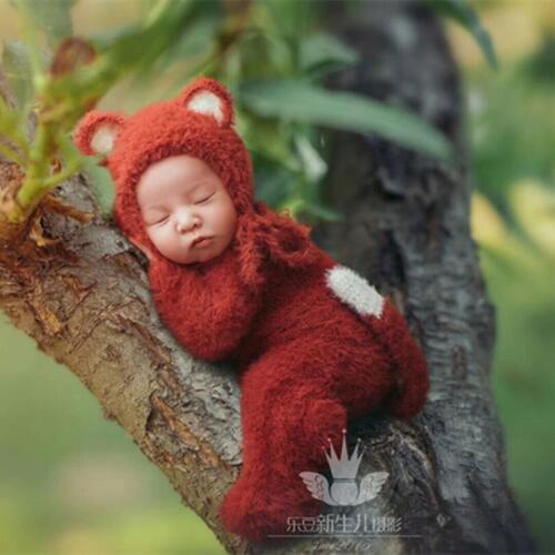Knitted Animal Bonnet Set Newborn Baby Footed Romper and Hat Infant Clothing Set Baby Cotton Hat Overalls Photography Props