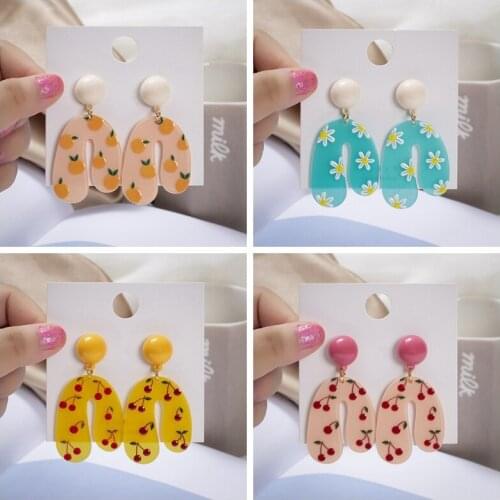 U-shaped Acrylic Three-dimensional Earrings Cherry Apple Chrysanthemum Earrings Jewelry Cartoon Printing Fruit Series Jewelry