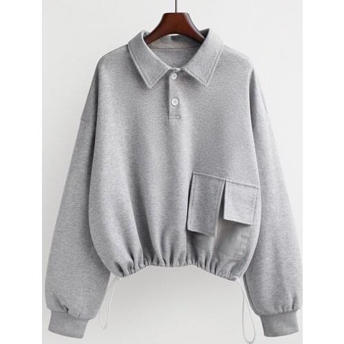 Korean Draw String Hoodie Crop Top Long Sleeve Turn-down Collar Sweatshirt Women Autumn Harajuku Top And Blouse Teen Girls