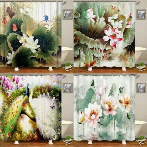 Chinese Style Flowers Bird Scenery Waterproof Shower Curtain Bath Curtains 3d Printing Bathroom With Hooks Washable Cloth Screen