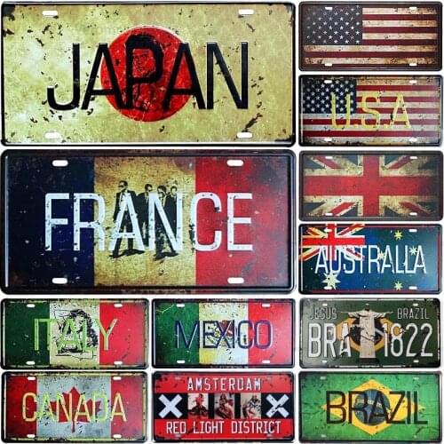 Japan Usa Mexico Italy France Natiaonal Flag Car License Number Plate Metal Tin Signs Poster Bar Pub Cafe Home Garage Decor