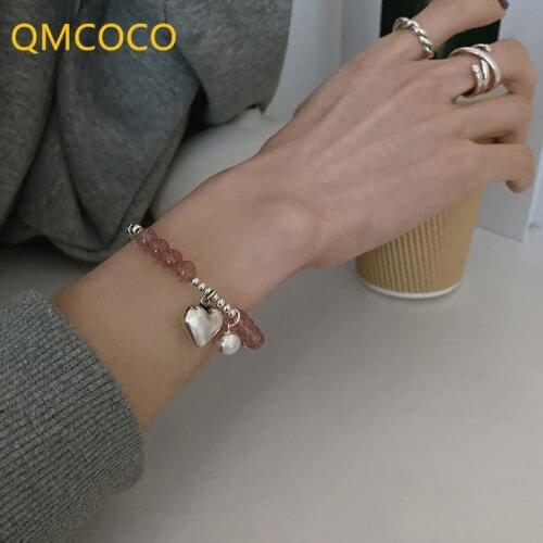 QMCOCO Korean 925 Silver Strawberry Crystal Bracelet 2021 New IINS Style Pink Round Beads Bracelet For Women Birthday Party Gift