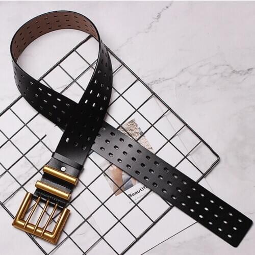 Genuine Leather Waistband Lady Tide 2021 New Metal Three Pin Buckle Pu Leather Belt for Women Hollow Out Wide