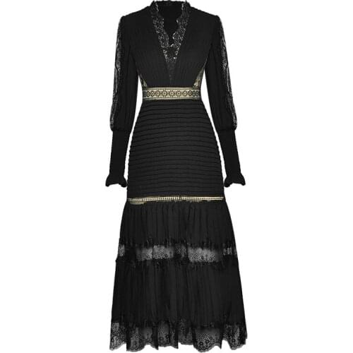 Fashion Designer Autumn Elegant Black Dresses Women V-neck Luxury Lace Patchwork Embroidery Vintage Midi Dress
